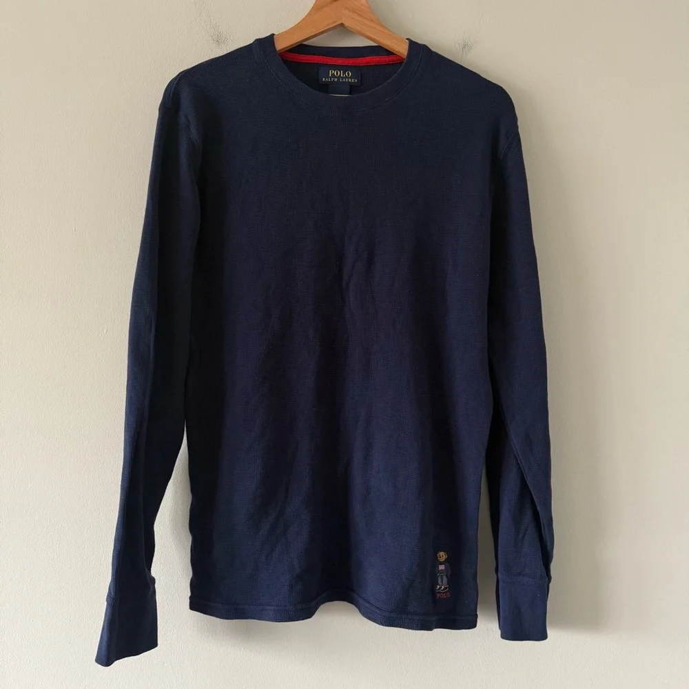Polo Ralph Lauren Waffle Knit Thermal‎ Mens Medium Blue Embroidered Bear Logo